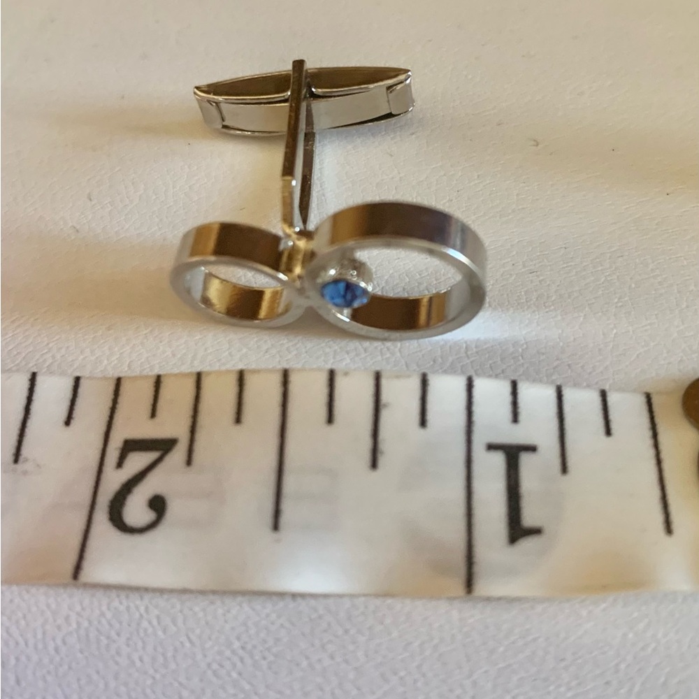 🧿 Modernist Silver-Tone Cufflinks with Blue Stone — Geometric Double Circle - Picture 6 of 6